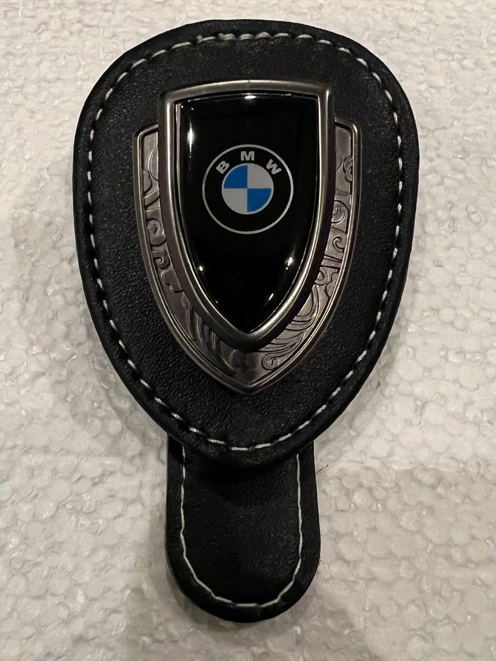 BMW Gray & Black Leather Glasses Holder Sunglasses Hanger For Car Sun Visor